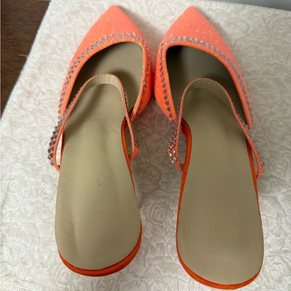 KNOCKOFF AMINA MUADDI Size 9.5 Orange Silver Glitter Mules Pumps Rhinestone Art